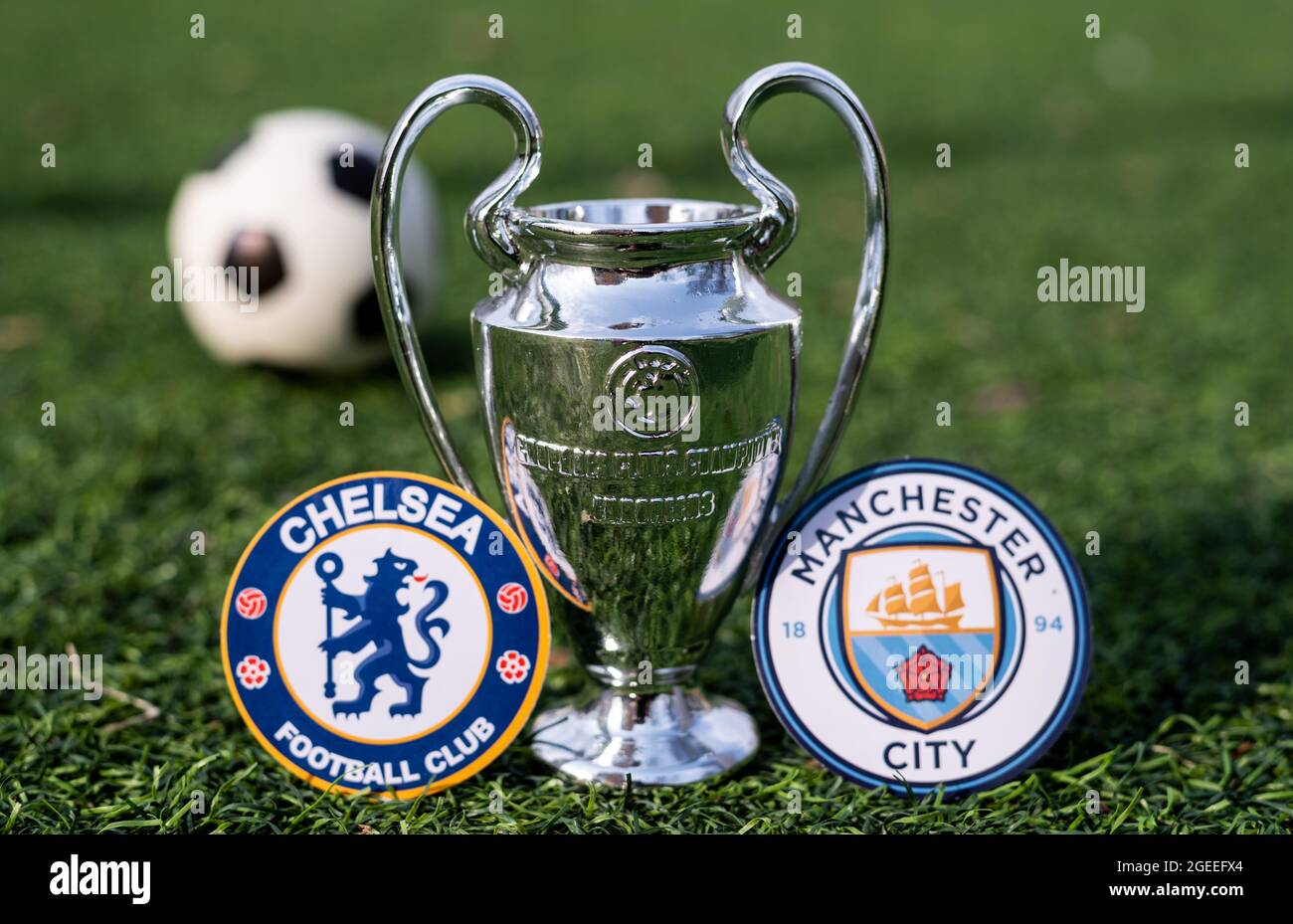 April 16, 2021 Moscow, Russia. The UEFA Champions League Cup and the