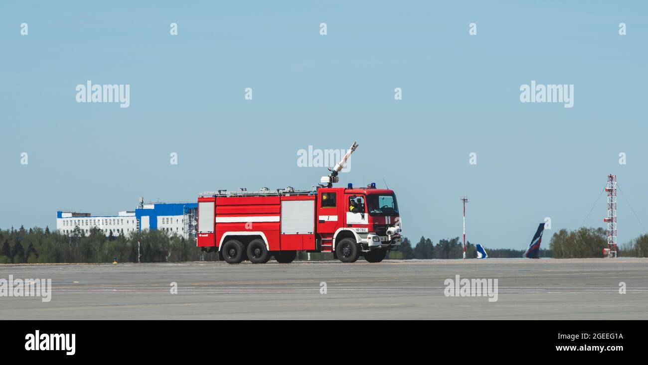 Moscow Fire Engine May 11, 2021 Moscow, Russia. A fire truck on the airfield of the ...
