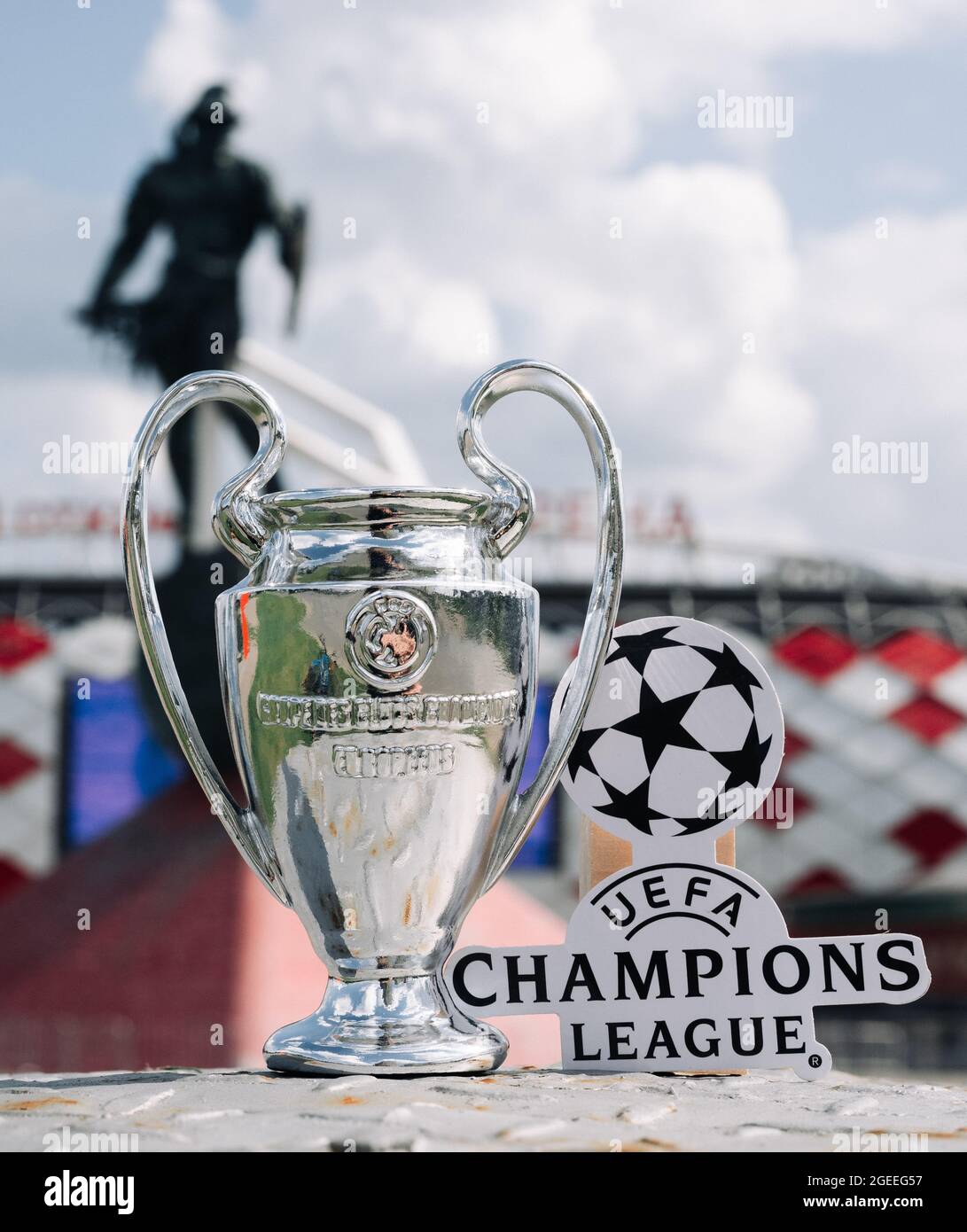 June 14 21 Moscow Russia Uefa Champions League Cup And Emblem In Front Of A Modern Stadium Stock Photo Alamy