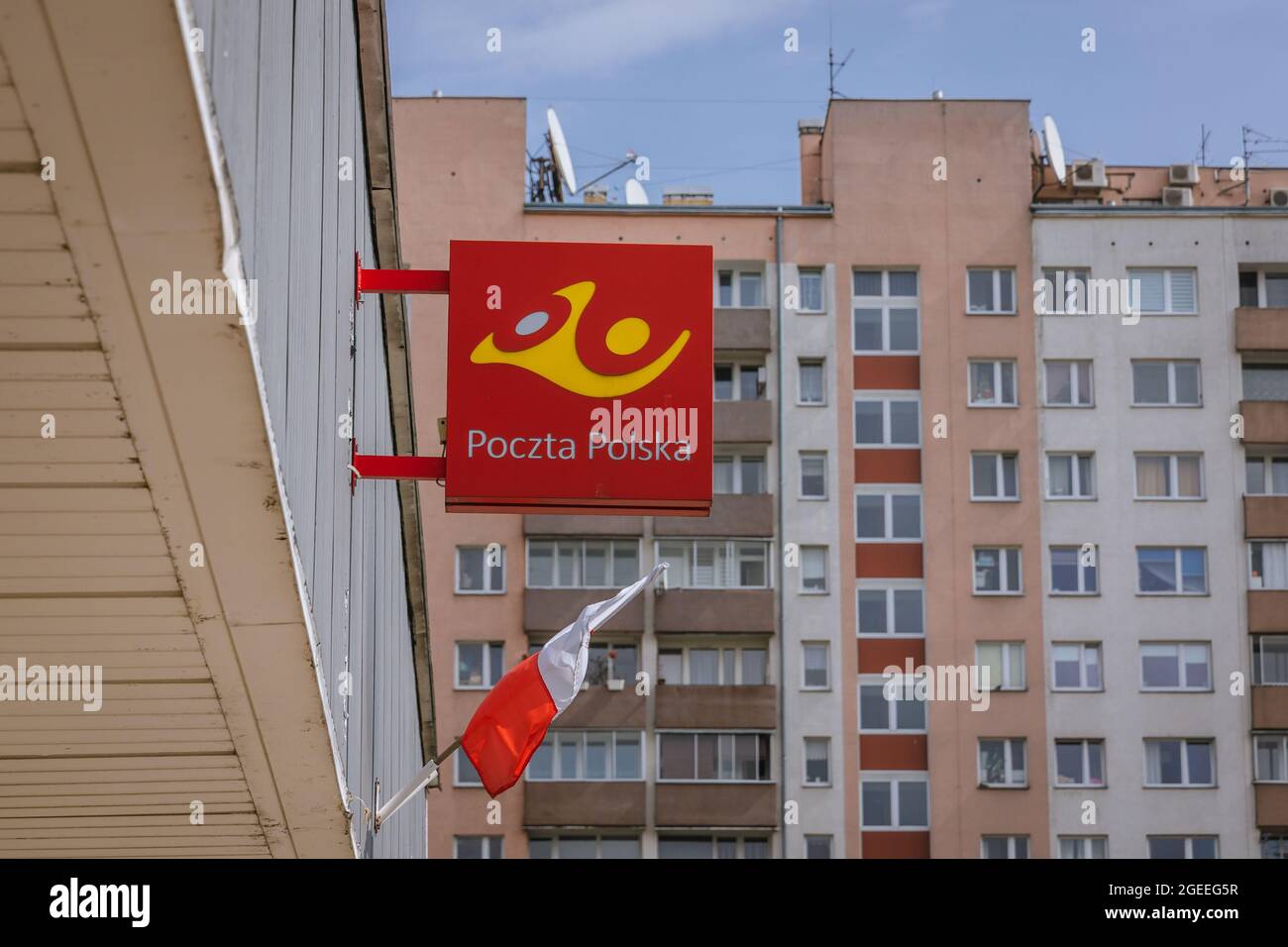 Poczta Polska - Polish state post logo on a office in Warsaw city, Poland Stock Photo