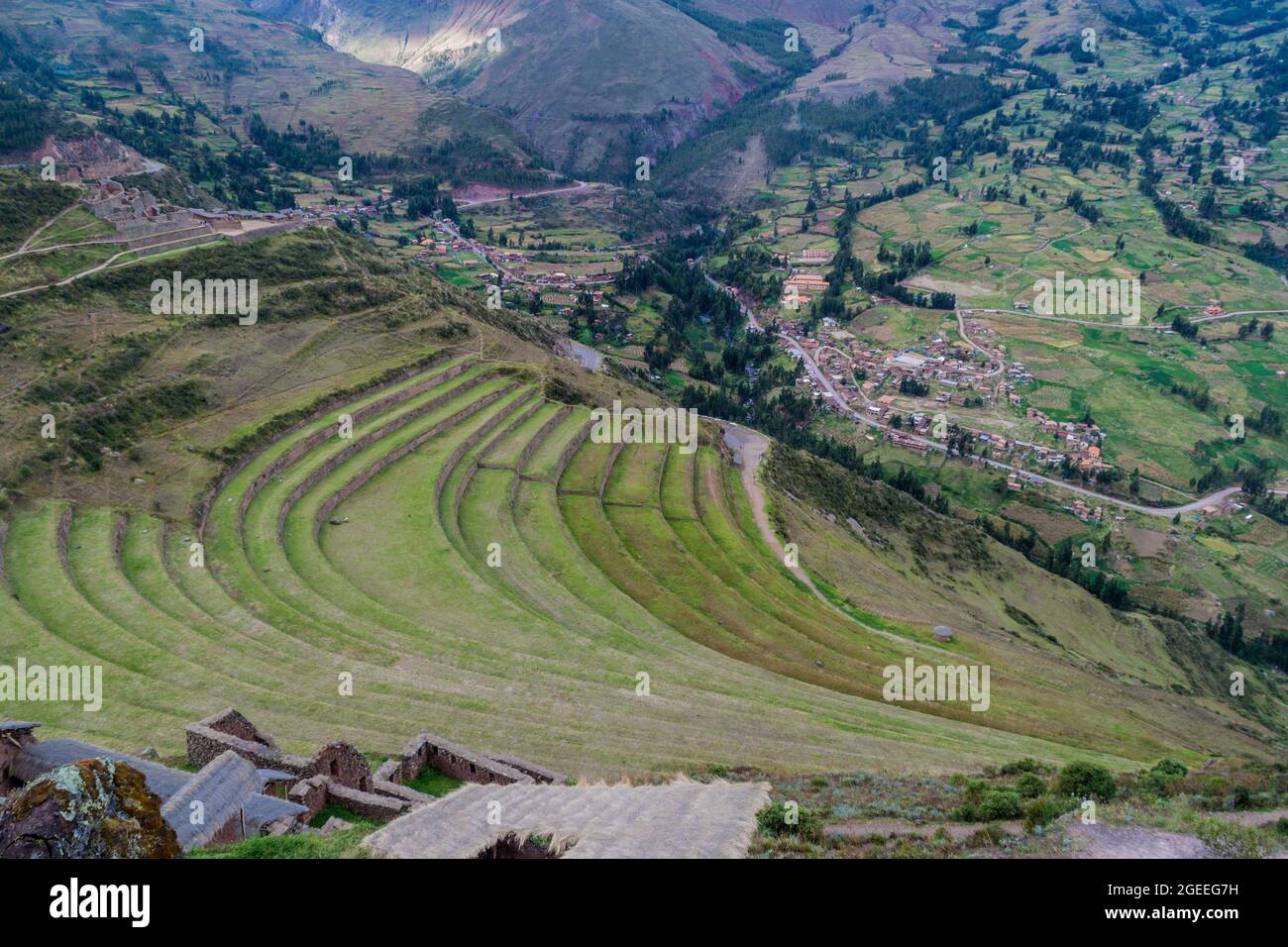 Ancient Inca's agricultural terraces near Pisac village, Peru Stock ...