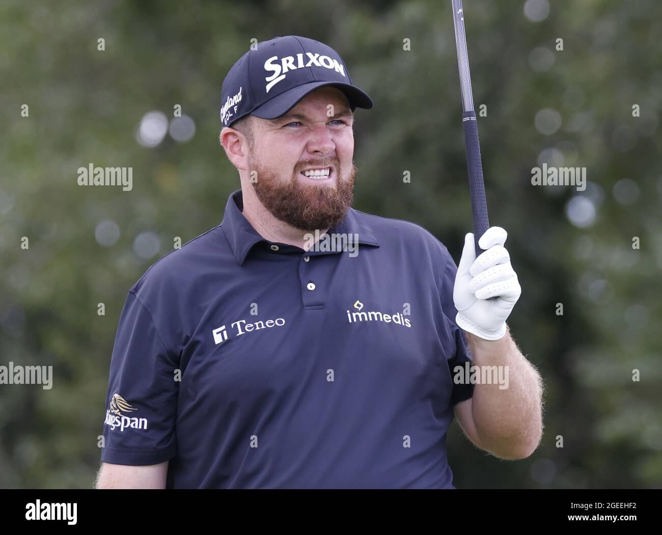New York, United States. 19th Aug, 2021. Shane Lowry of Ireland reacts after his tee shot on the 16th hole in the first round of the 2021 Northern Trust as part of of the The FedEx Cup playoffs at Liberty National Golf Club in Jersey City, New Jersey on Thursday, August 19, 2021. Photo by John Angelillo/UPI Credit: UPI/Alamy Live News Stock Photo