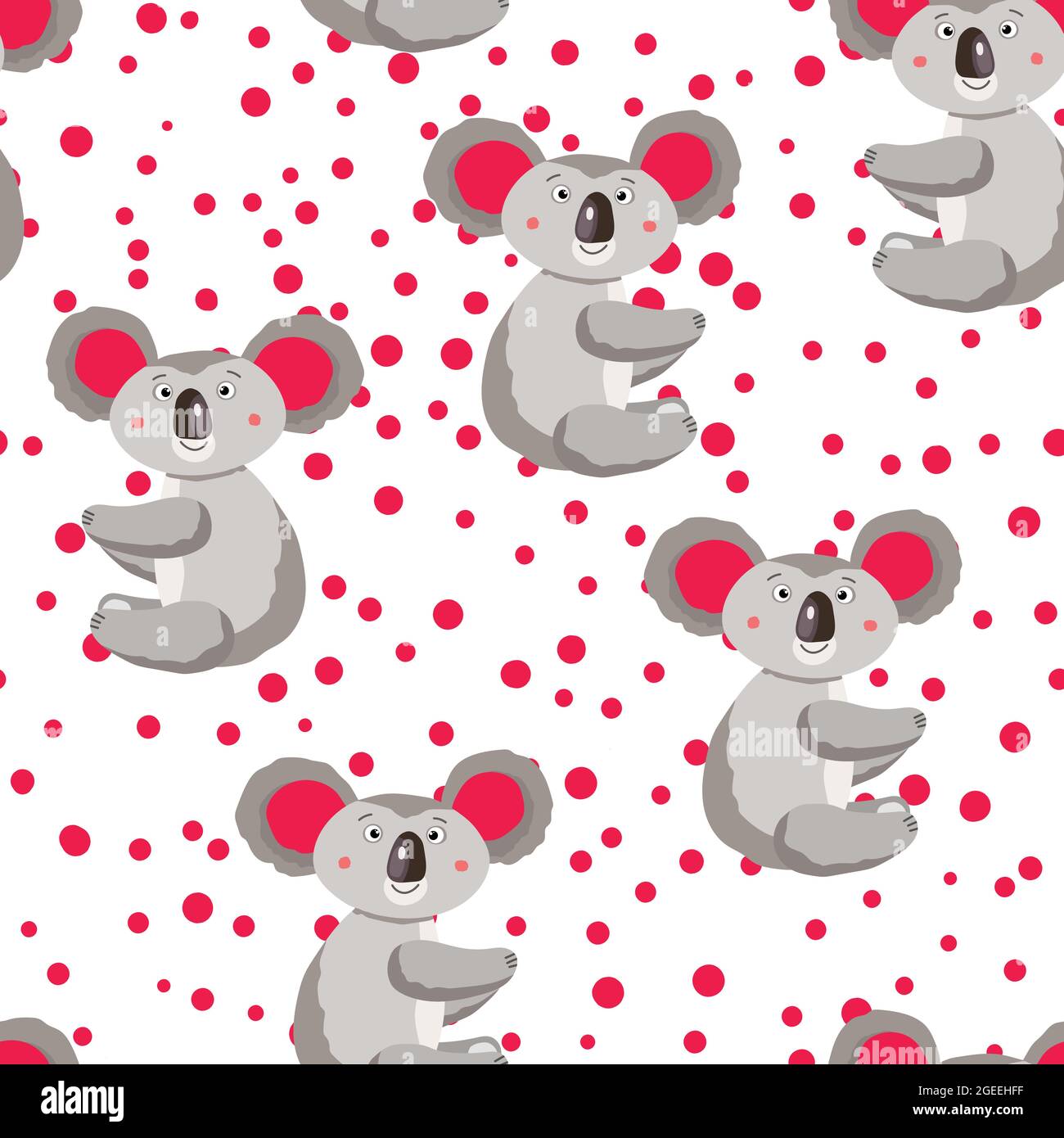 Seamless pattern with cute koala baby and hearts on white polka dots ...