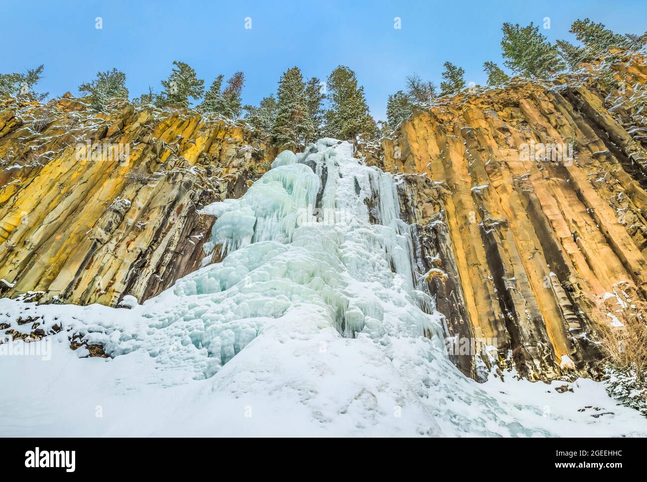 frozen palisade falls in the hyalite creek basin near bozeman, montana