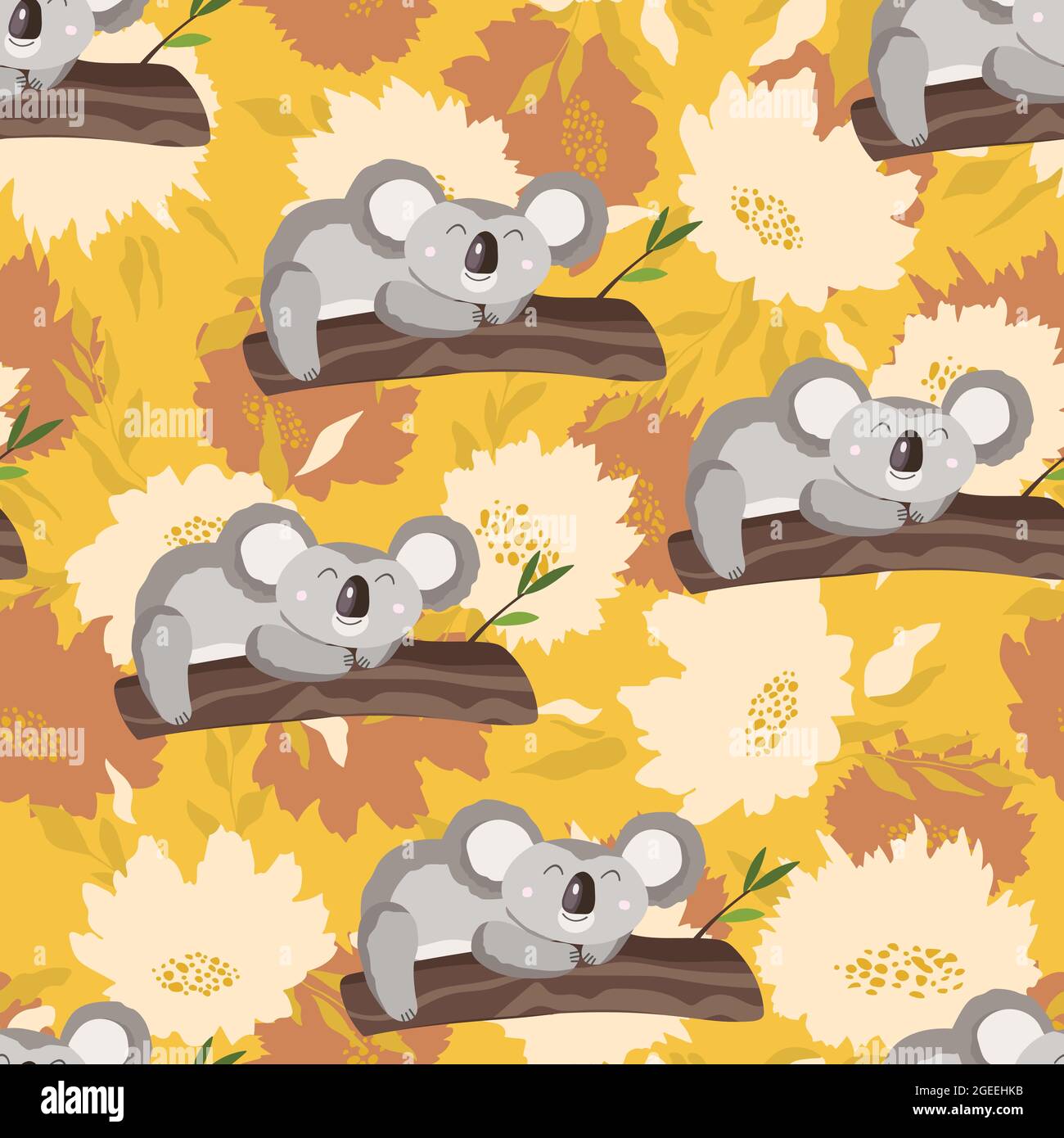 Seamless pattern with cute koala baby and flowers on color background ...