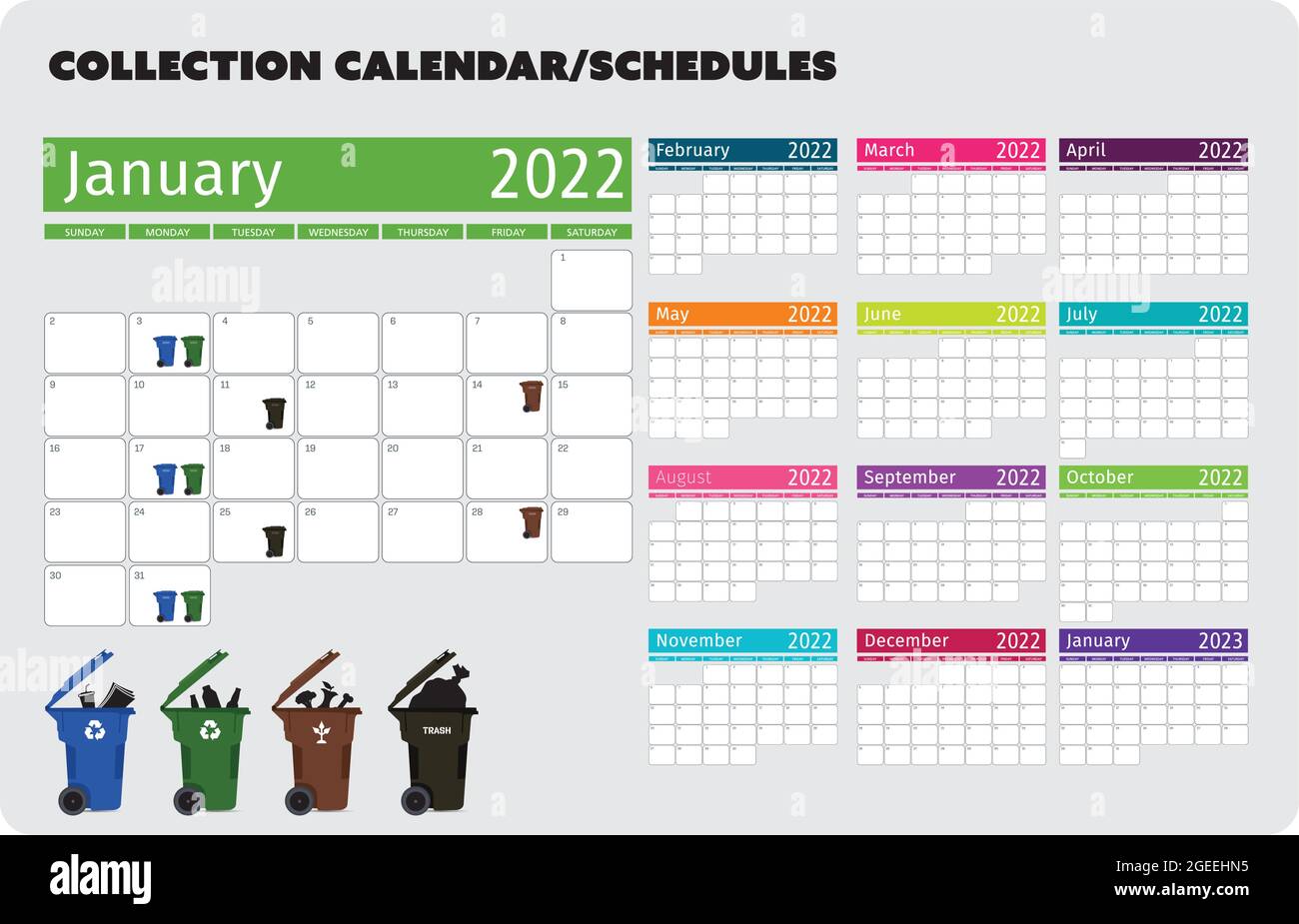 2022 recycle and trash bin collection calendar organizer set vector