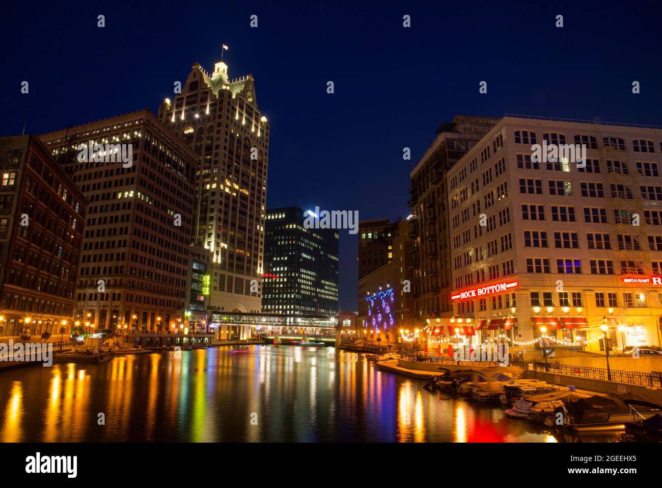 Night view of Milwaukee RiverWalk, a pedestrian pathway that meanders