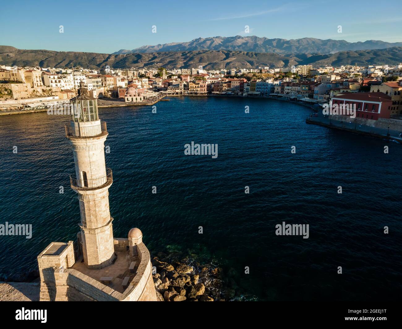 Aerial top view by drone of iconic Venetian lighthouse in the entrance ...