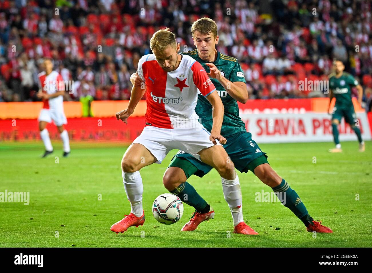 Prague, Czech Republic. 19th Aug, 2021. Fans of Slavia Prague in action  during the European Conference League 4th qualifying round, 1st leg  football match Slavia Prague vs Legia Warsaw, in Prague, Czech