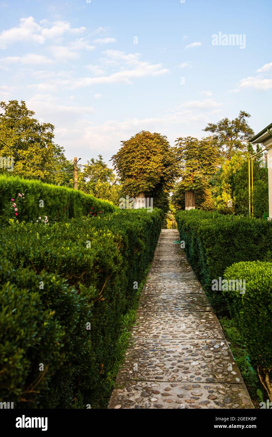 Gardens of Dealu Monastery (Manastirea Dealu) located on the hills of Targoviste mountains Stock Photo