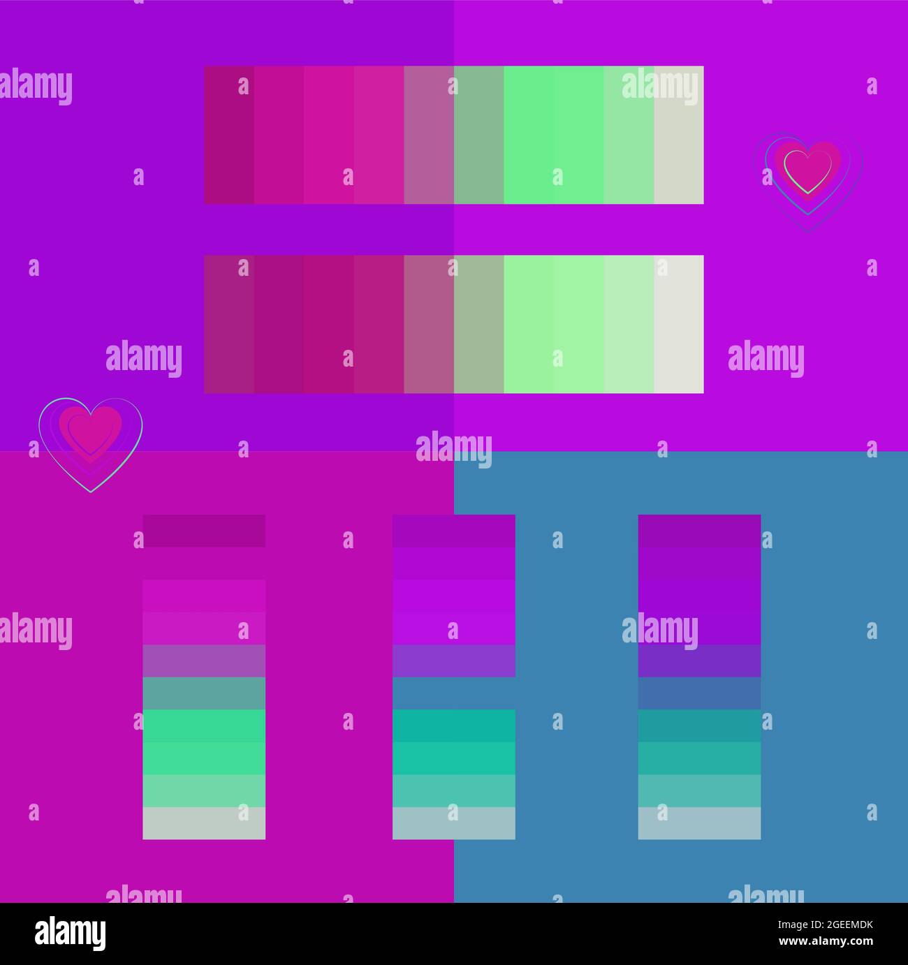 Bright colorful neon color palettes for summer vector illustration set. Vibrant purple and  turquoise mint green color design swatches. Color palettes. Stock Vector