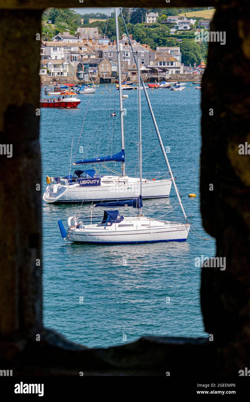 A view of Fowey Estuary from a window of the remains of the Blockhouse / Polruan Castle - Polruan, Cornwall, UK. Stock Photo