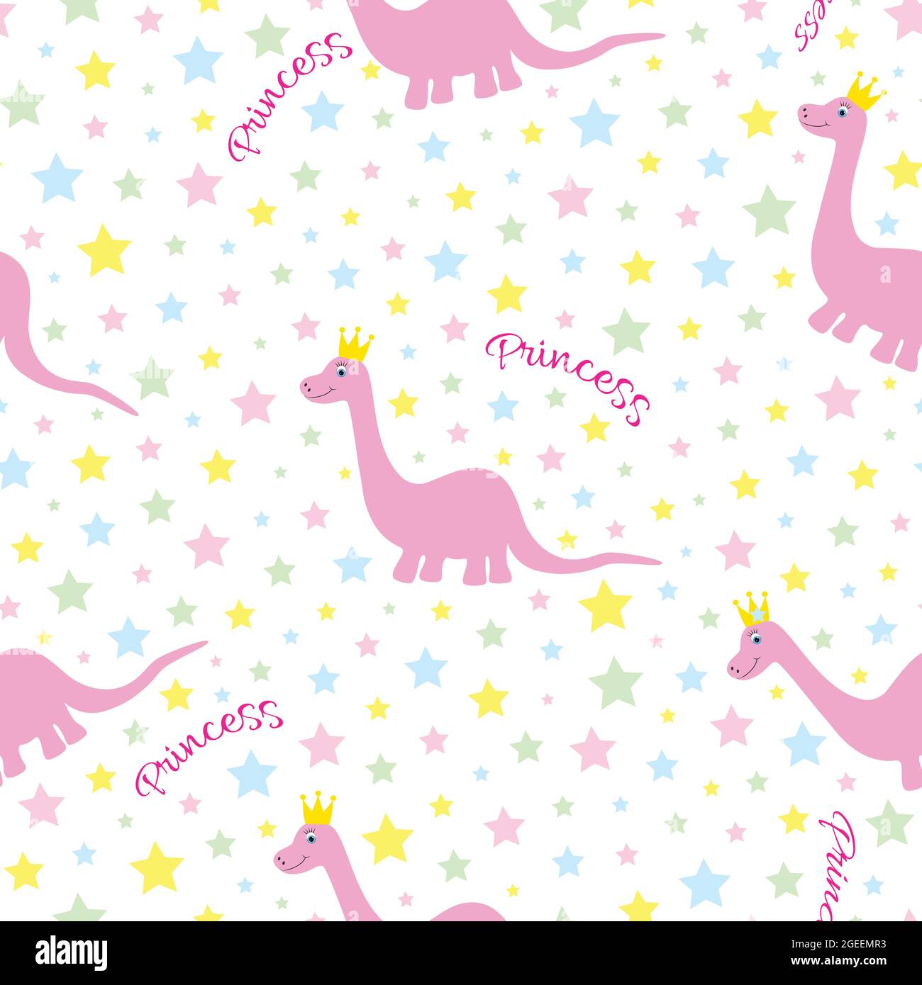 Pink princess dino seamless pattern. Stock Vector