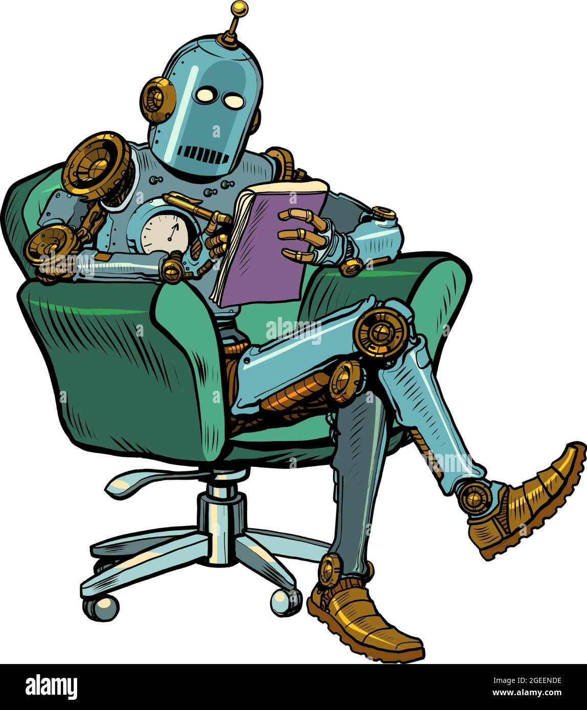 A robot psychotherapist is in a psychotherapy session, sitting in a chair and making notes in a notebook Stock Vector