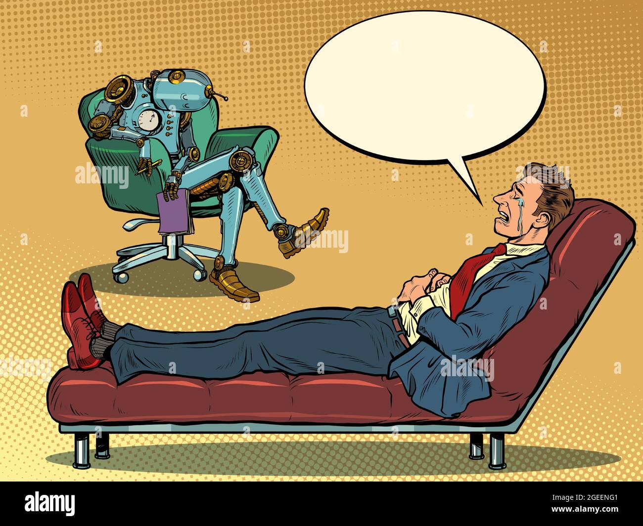 Robot psychotherapist in a psychotherapy session with a patient, bored and asleep Stock Vector