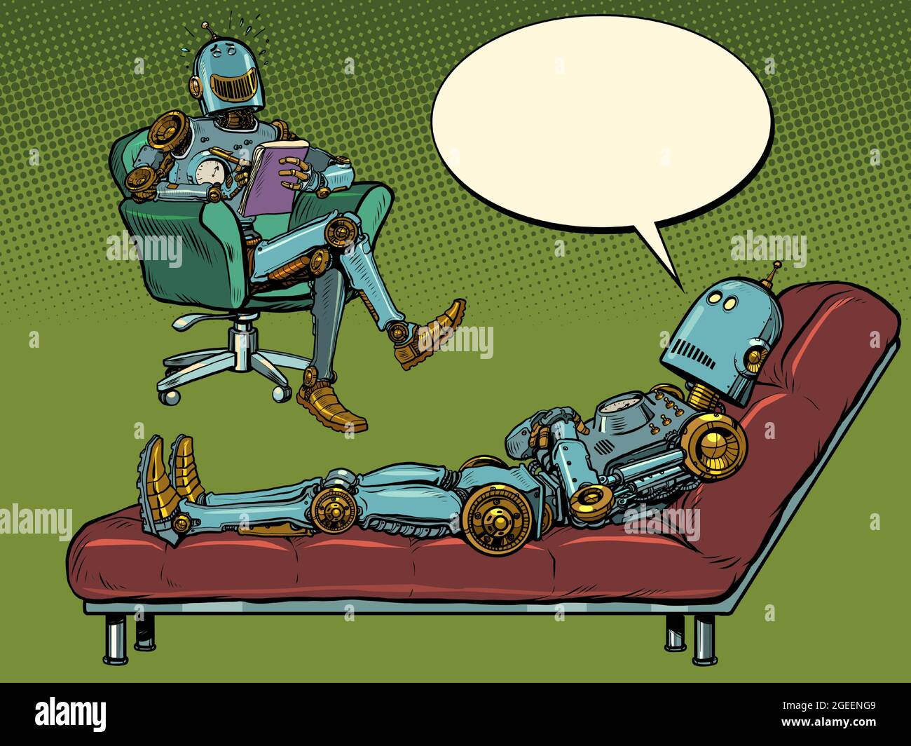 A robot psychotherapist at a psychotherapy session with a patient, listens to the robot, laughs and makes notes in a notebook Stock Vector