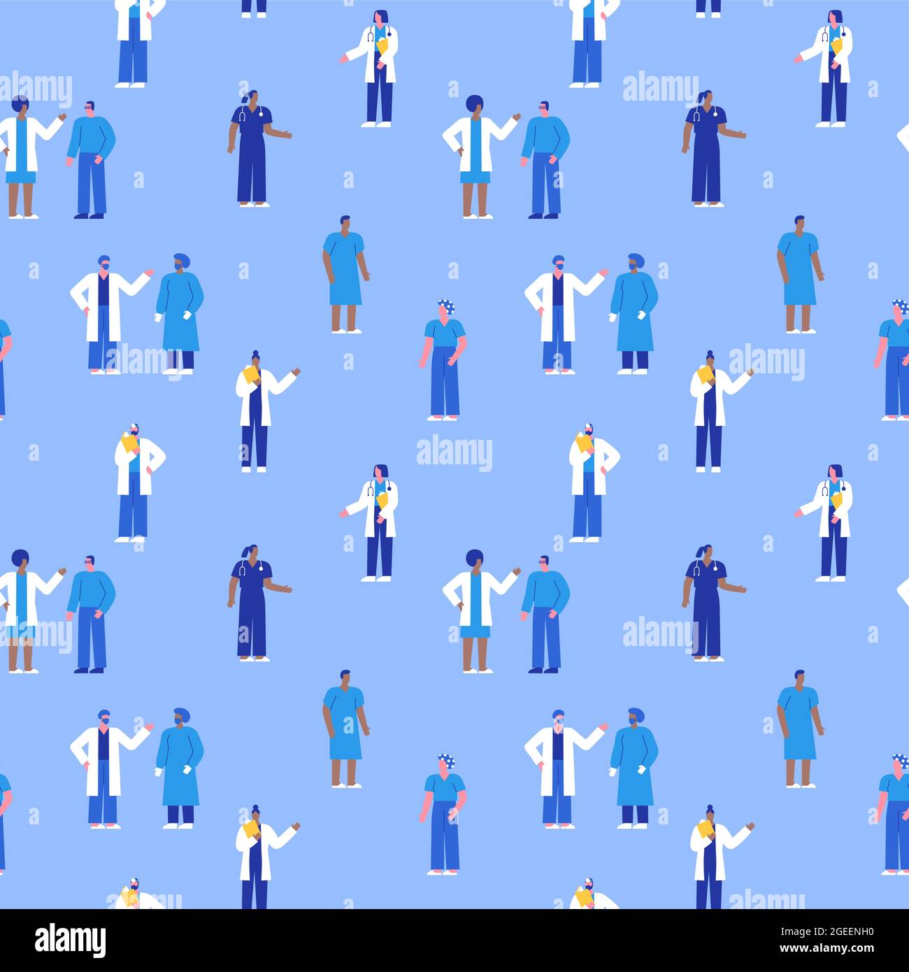 Diverse hospital staff people seamless pattern illustration. Doctor and nurse team doing clinic work with patients, cartoon background. Stock Vector