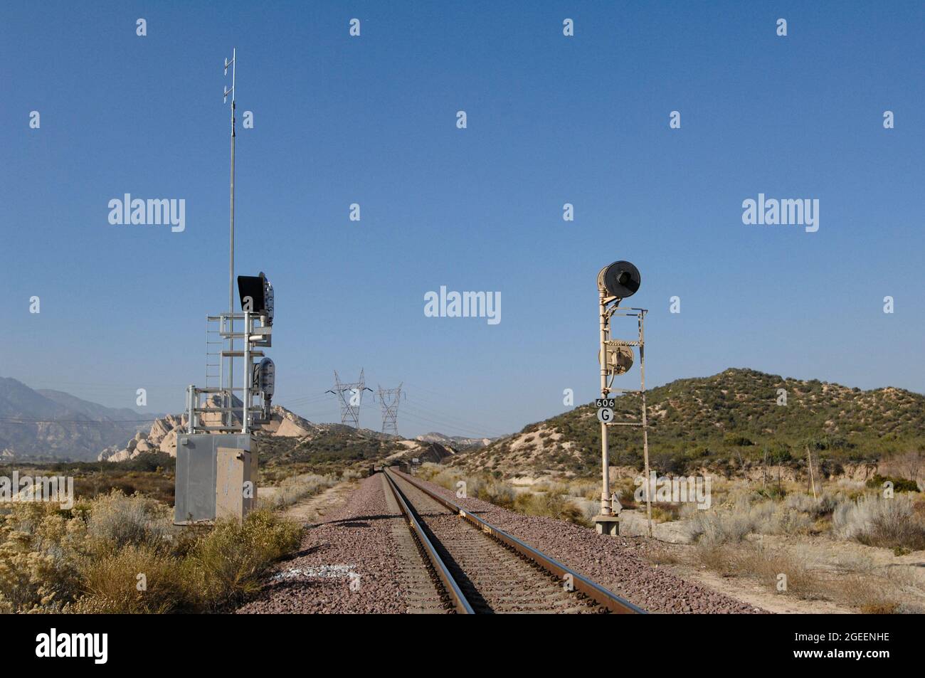 Train signals at Summit, in the Cajon Pass Stock Photo