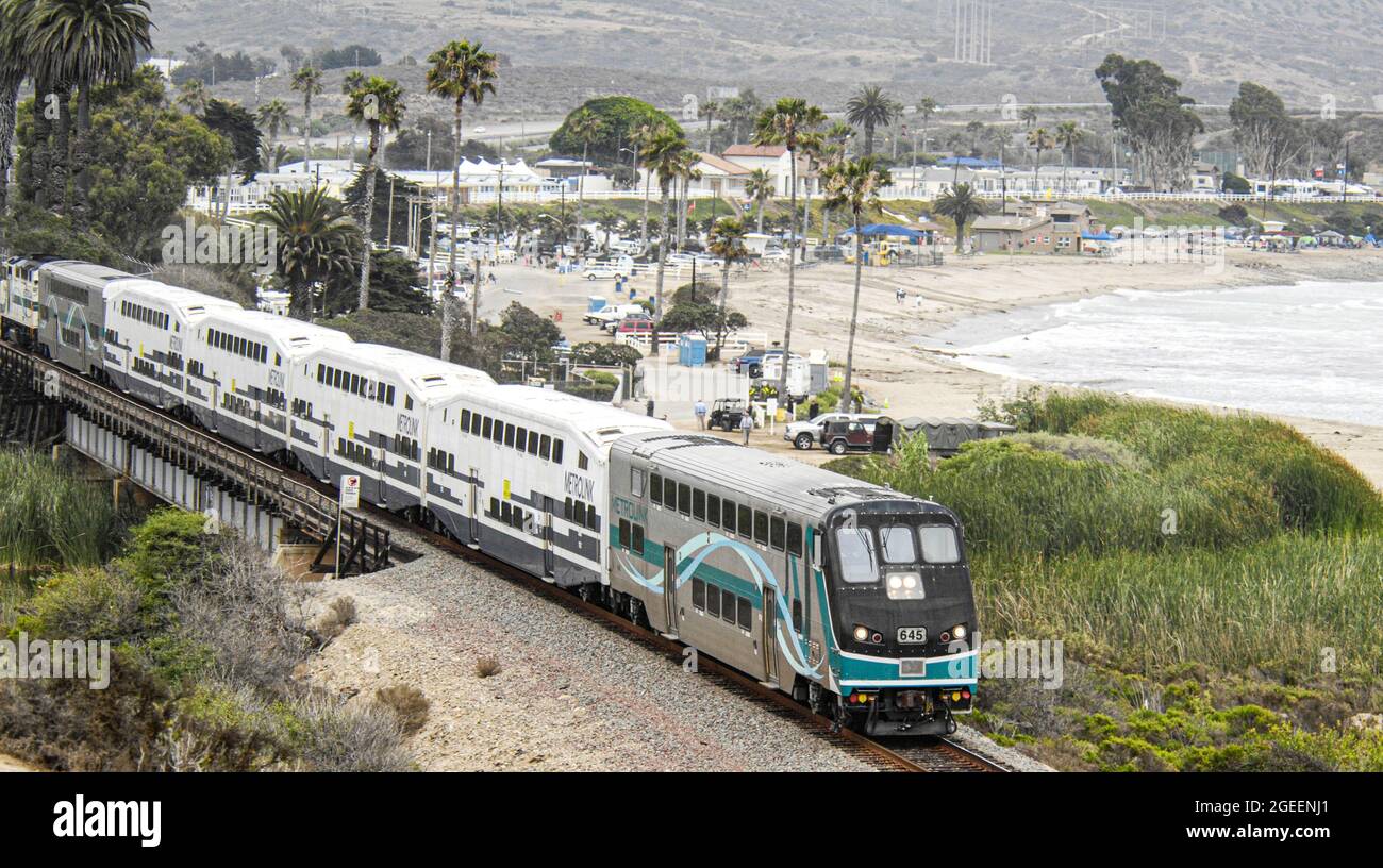 Metrolink train heads north through Camp Pendleton, California Stock Photo