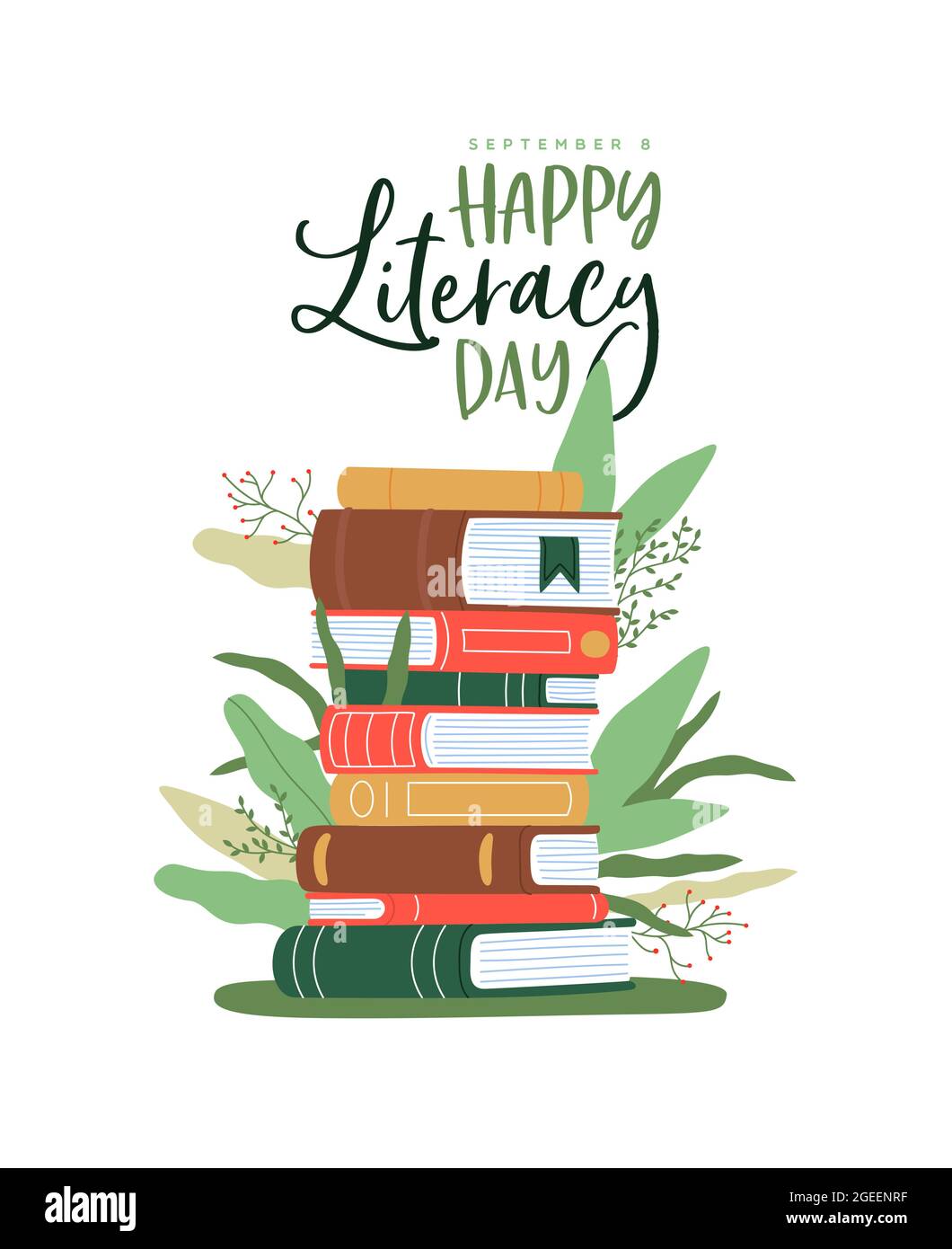 Happy literacy day greeting card illustration of different book pile with green plant leaves growing from knowledge. September 8 holiday event design, Stock Vector