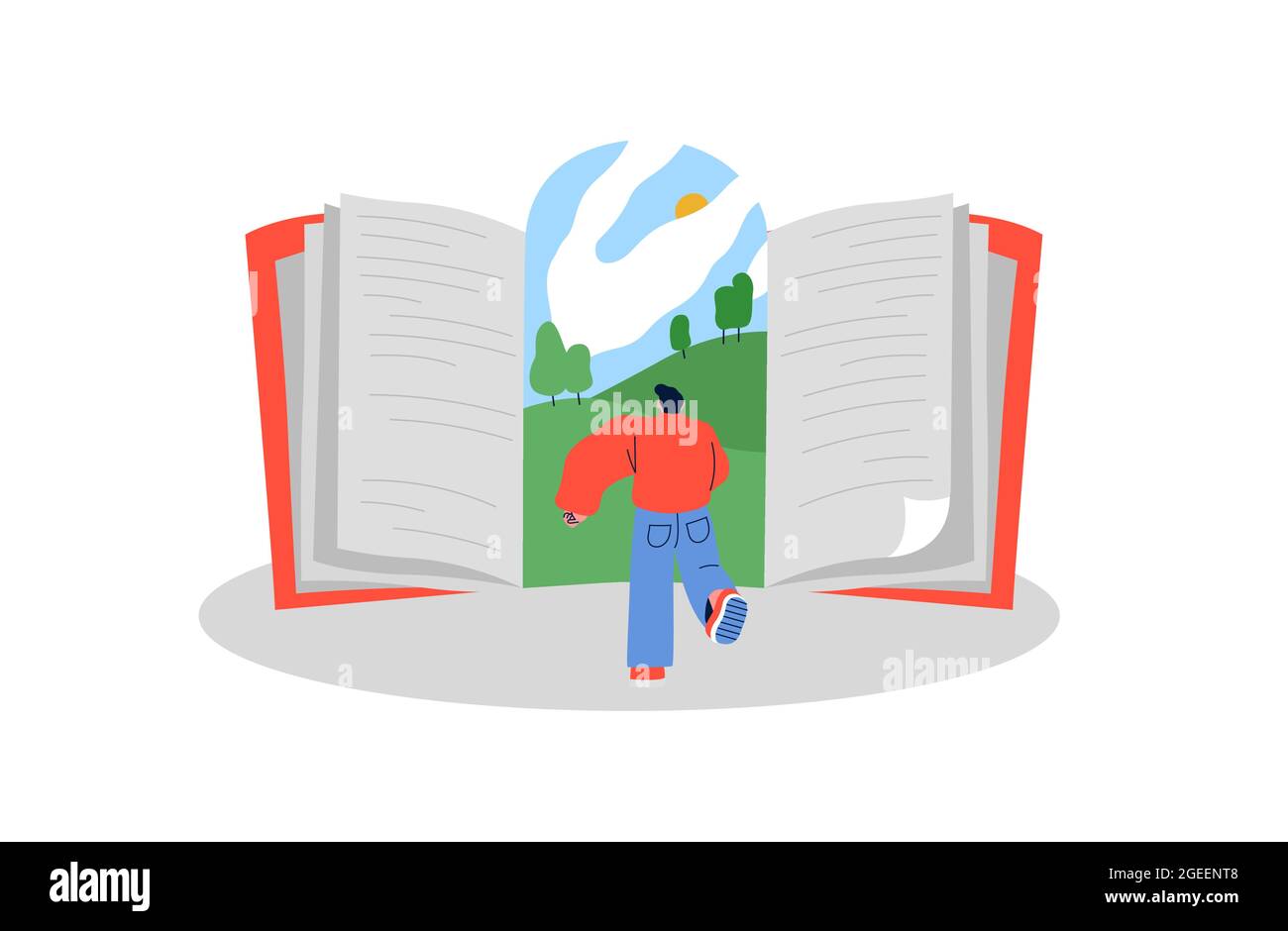 Young man character running to open book door of imagination landscape. Creative reading concept in flat cartoon style. Isolated education design. Stock Vector