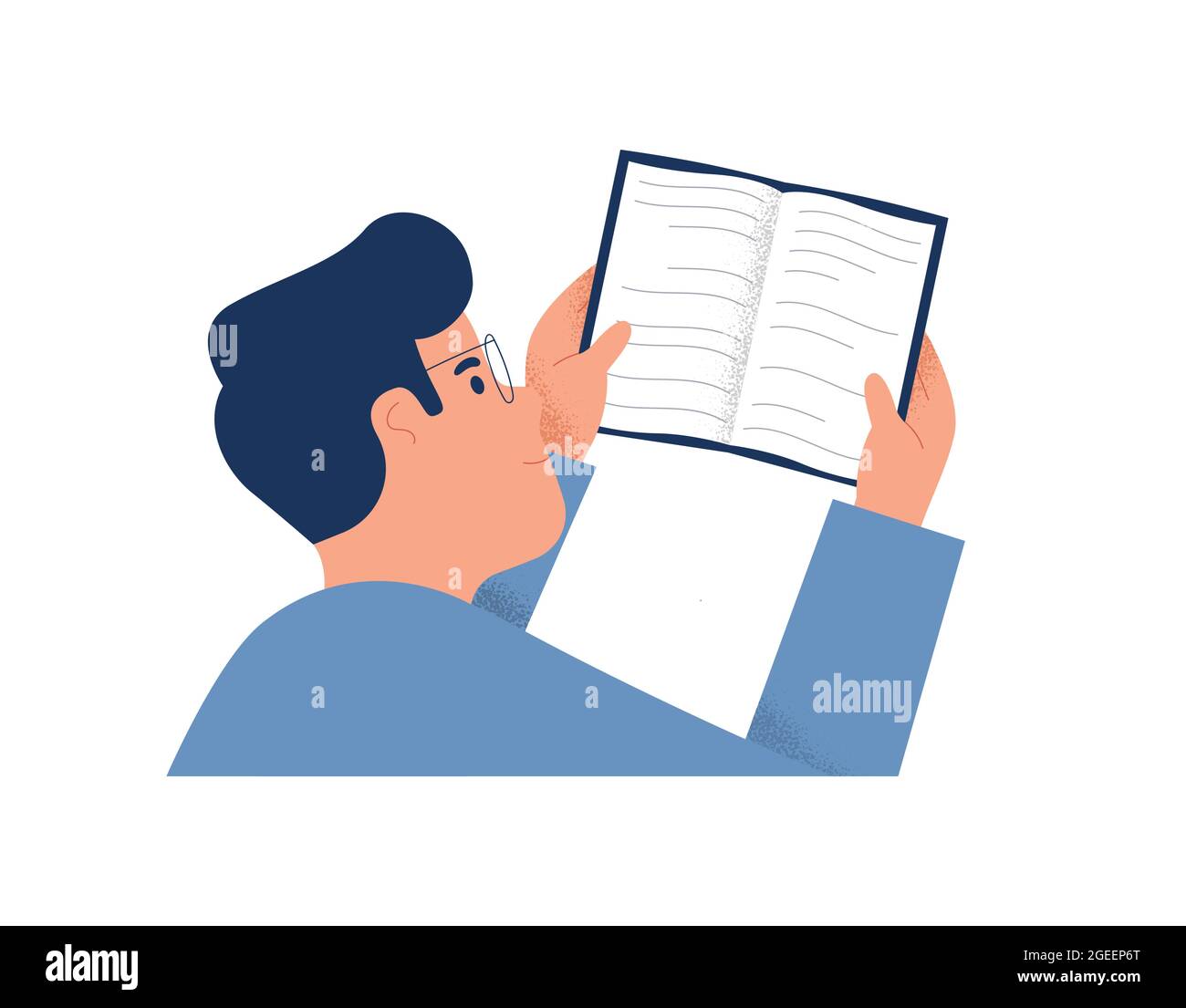 Young man reading open book on isolated white background. Modern flat cartoon illustration for school homework concept or college student learning des Stock Vector