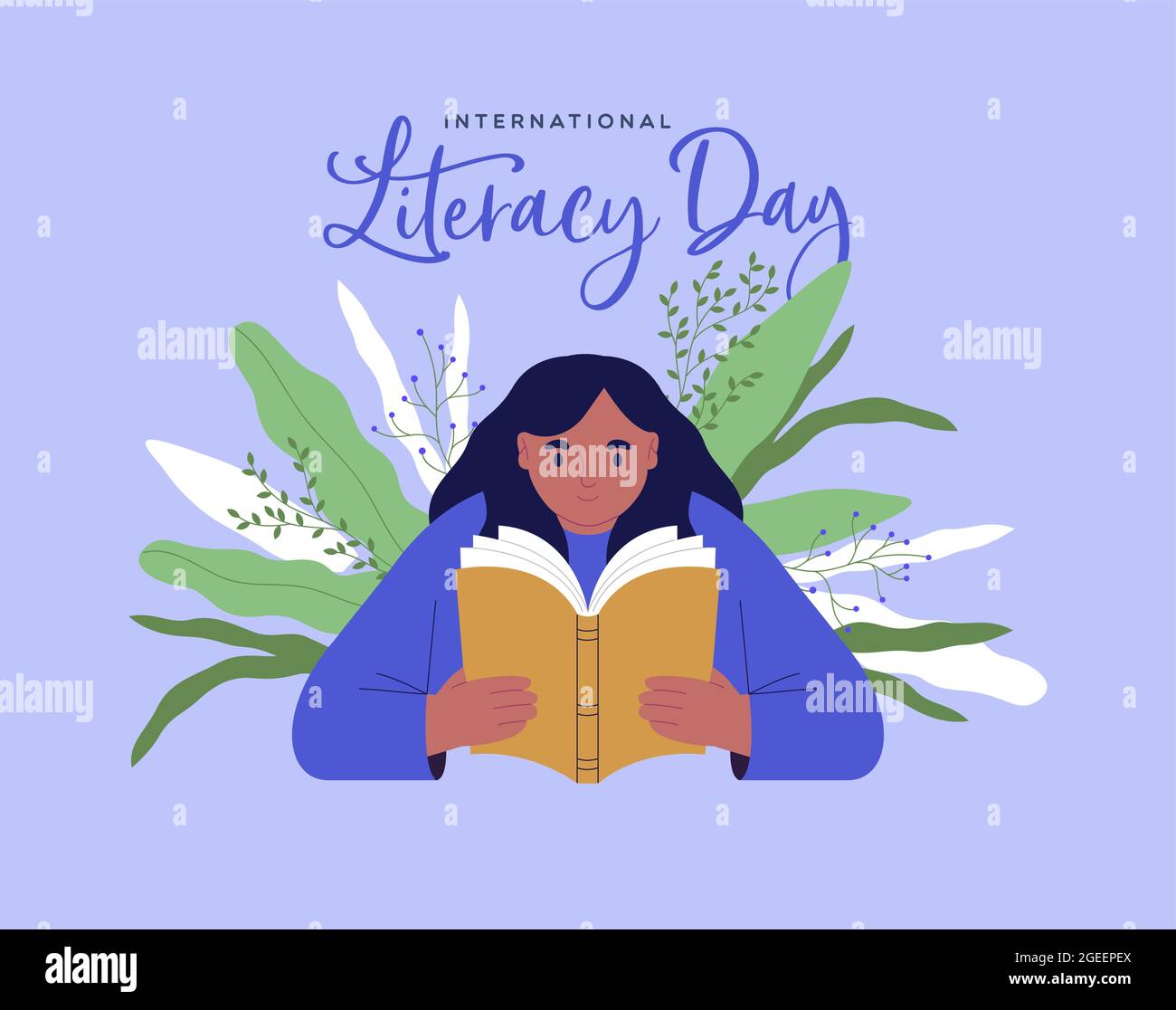 Happy Literacy Day greeting card illustration of young girl kid reading book with green plant leaf growing inside for education learning concept. Sept Stock Vector