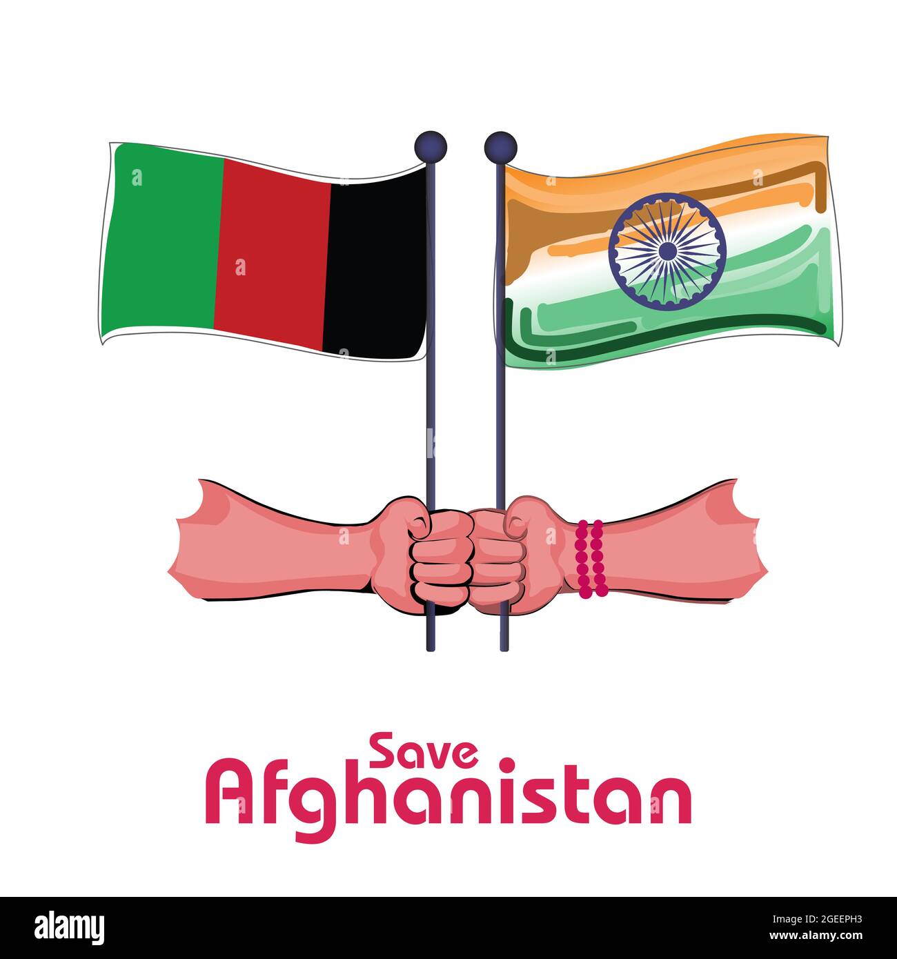 India supported to save Afghanistan. Holding the flag of Afghanistan and India in hand. Stock Vector
