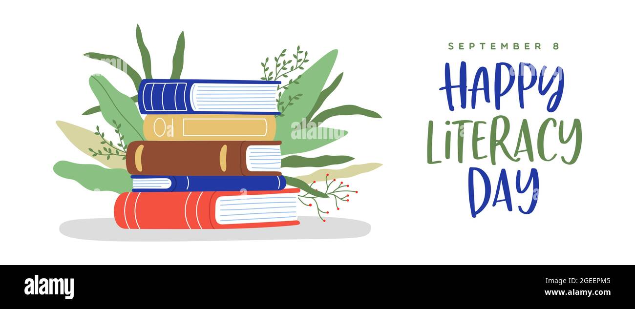 Happy literacy day web banner illustration of colorful book pile with green plant leaves growing from knowledge. September 8 holiday event design, inf Stock Vector