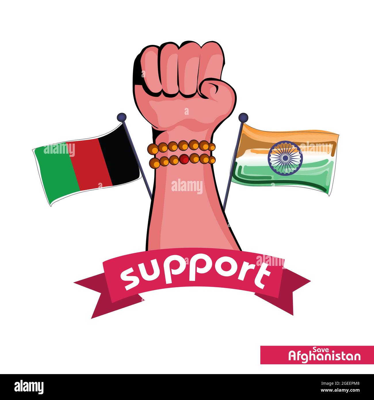 Revolution hand poster, India and Afghanistan Crossed Flags on white backgrounds. Stock Vector