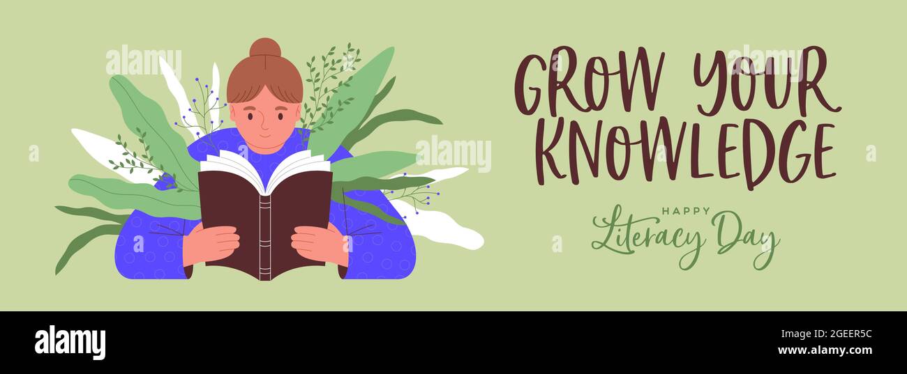Happy Literacy Day web banner illustration of young girl kid reading book with green plant leaf growing inside for knowledge concept. September 8 cele Stock Vector