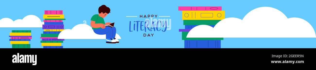 Happy Literacy Day web banner illustration of young boy kid reading books in sky. School education imagination concept for september 8 celebration eve Stock Vector