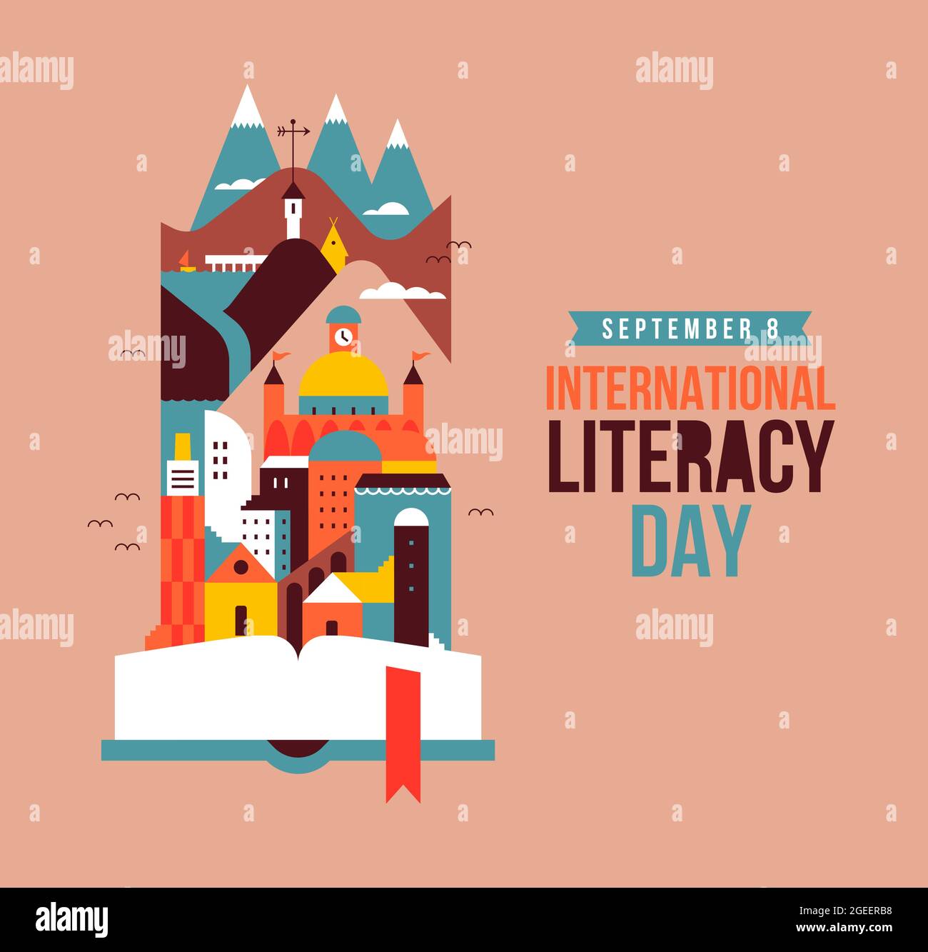 Literacy Day greeting card illustration of open book story concept with city and nature landscape. Children education or literature festival design fo Stock Vector