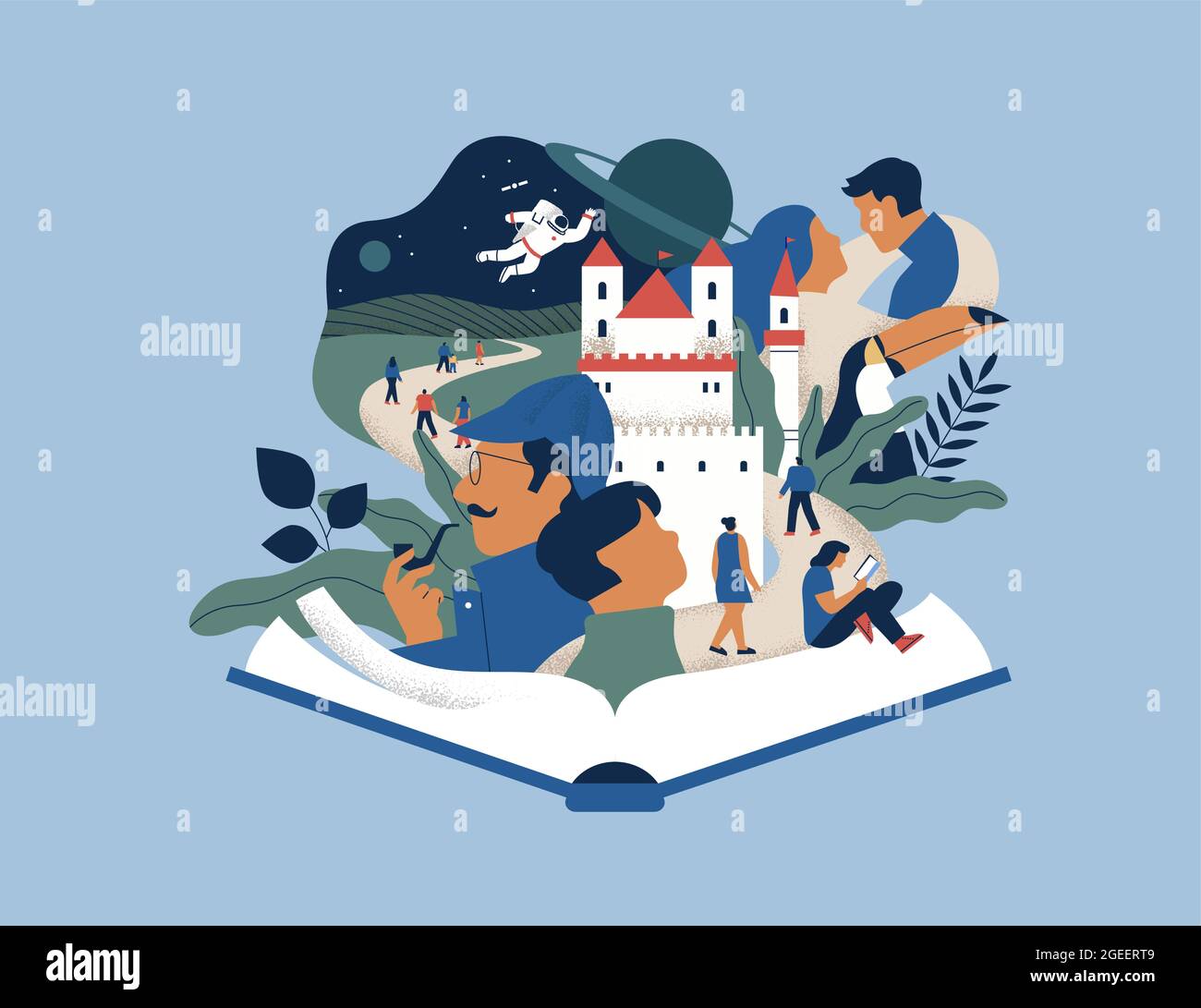 Open book story concept of creative literature imagination with people and fairy tale landscape. Includes romance novel character, nature education, s Stock Vector