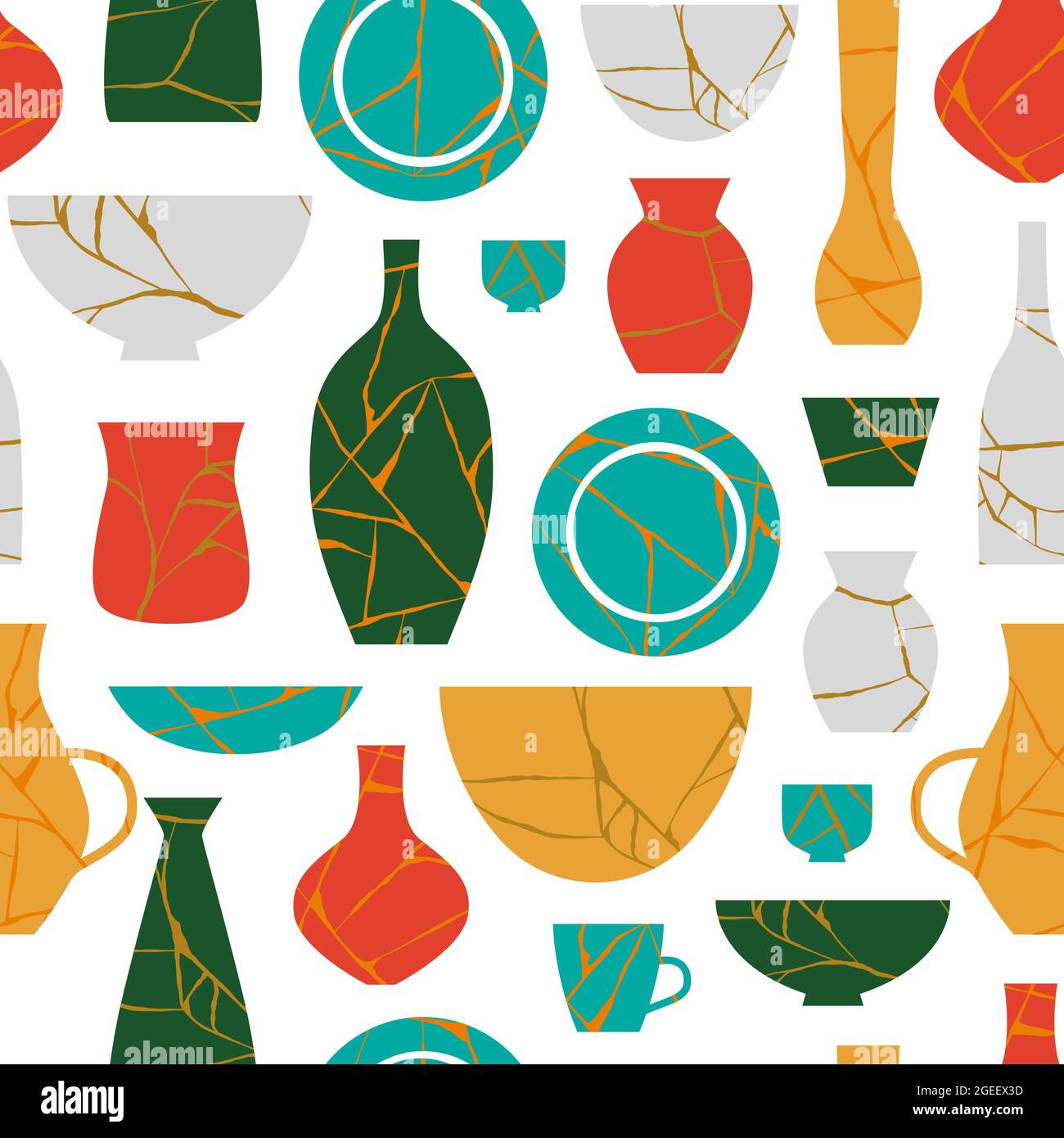 Kintsugi ceramic pottery decoration seamless pattern. Traditional