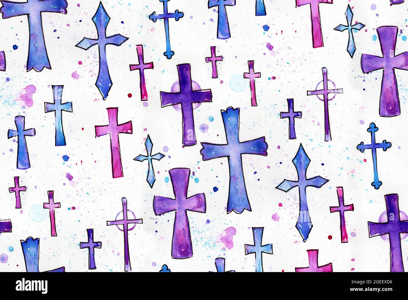 Watercolored Christian Crosses in a Seamless Pattern Stock Photo