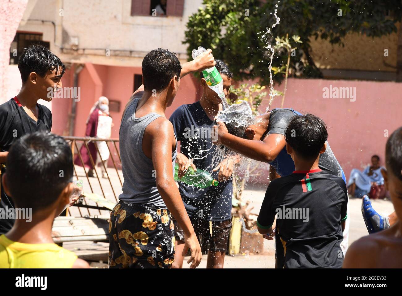 rabat-morocco-19th-aug-2021-children-play-with-water-on-ashura-in