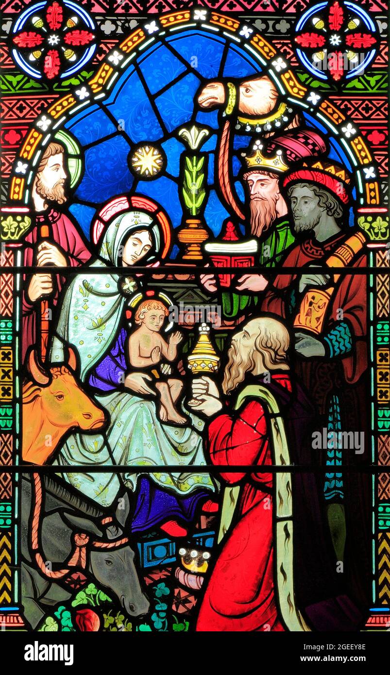Adoration of the Magi, Three Kings visit Mary, Joseph, baby Jesus, stained glass window, by Frederick Preedy, 1865, Gunthorpe, Norfolk, England, UK Stock Photo