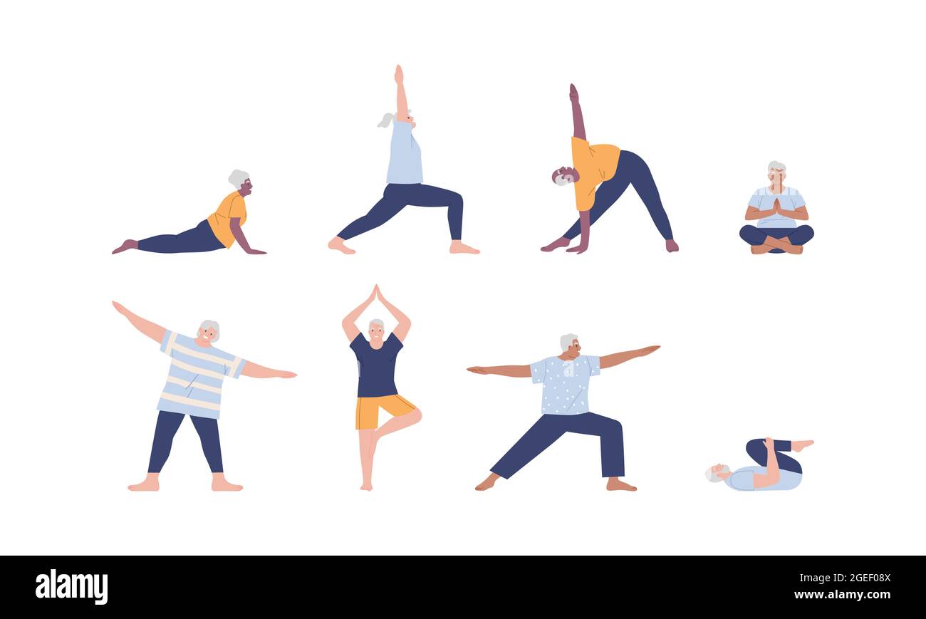 Set of diverse old people doing different yoga exercise poses. Elder grandparent character collection on isolated background. Senior gym class, active Stock Vector
