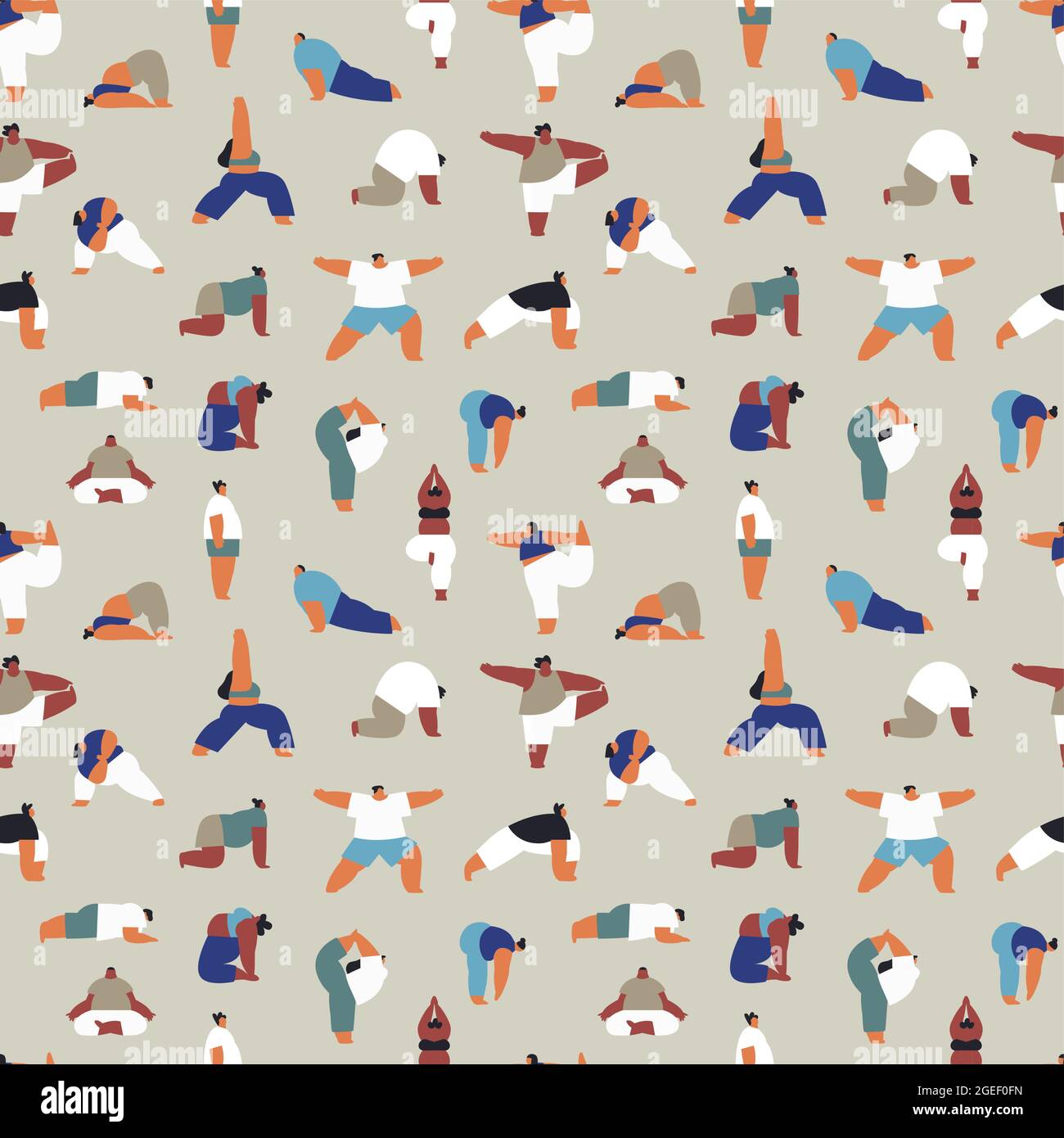 Seamless pattern illustration of diverse young people crowd doing different yoga exercise poses. Healthy lifestyle background with cartoon characters Stock Vector