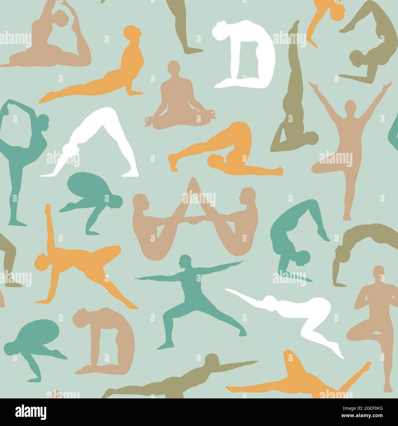 Seamless pattern illustration of people body silhouette doing different yoga exercise poses. Healthy lifestyle background with diverse characters medi Stock Vector
