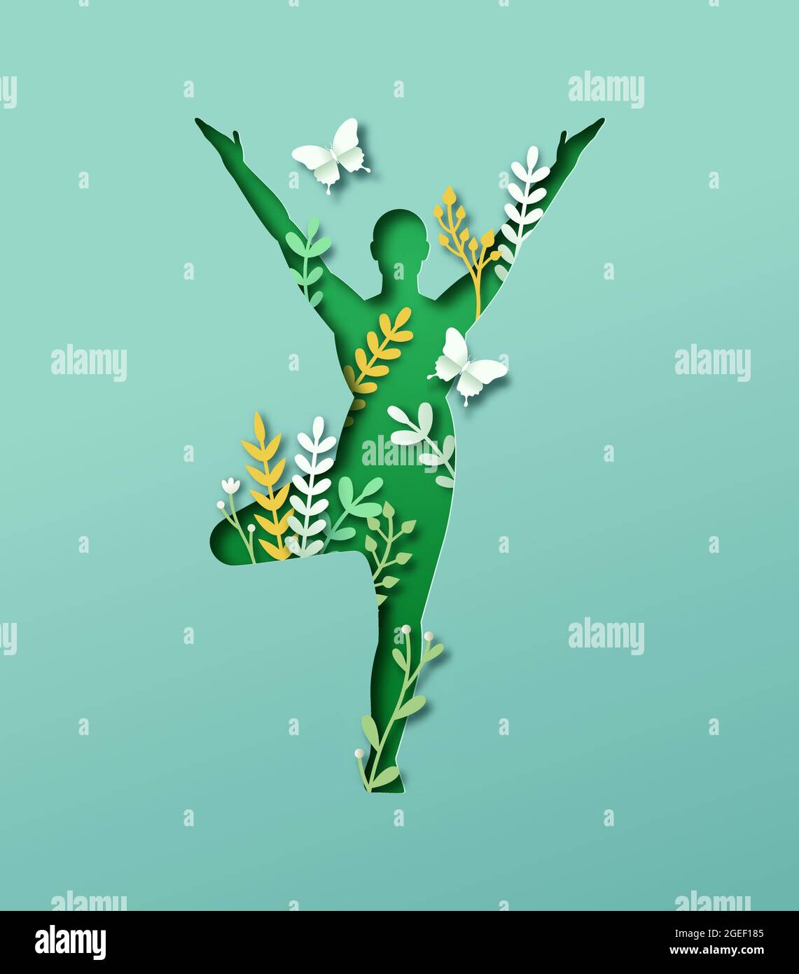 Papercut man body silhouette doing tree yoga pose with 3d paper cut plant leaf and butterfly. Nature connection concept for healthy lifestyle or peace Stock Vector