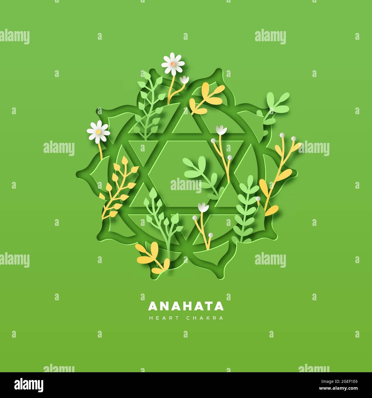 Papercut heart chakra sign shape illustration with realistic 3d plants and paper craft nature leaf decoration. Yoga symbol of traditional anahata budd Stock Vector