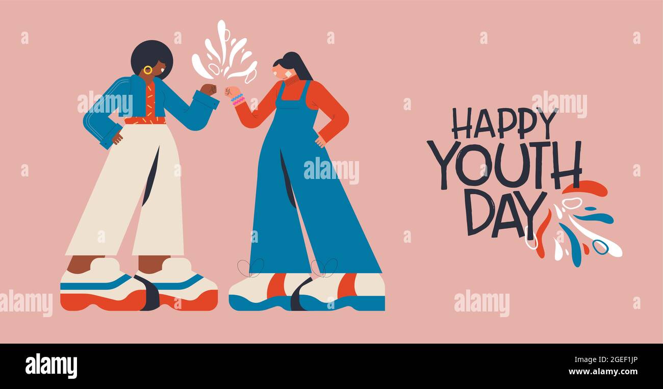 Happy youth day greeting card of girl friends doing fist bump hand gesture for special friend holiday event. Modern flat cartoon style illustration, b Stock Vector