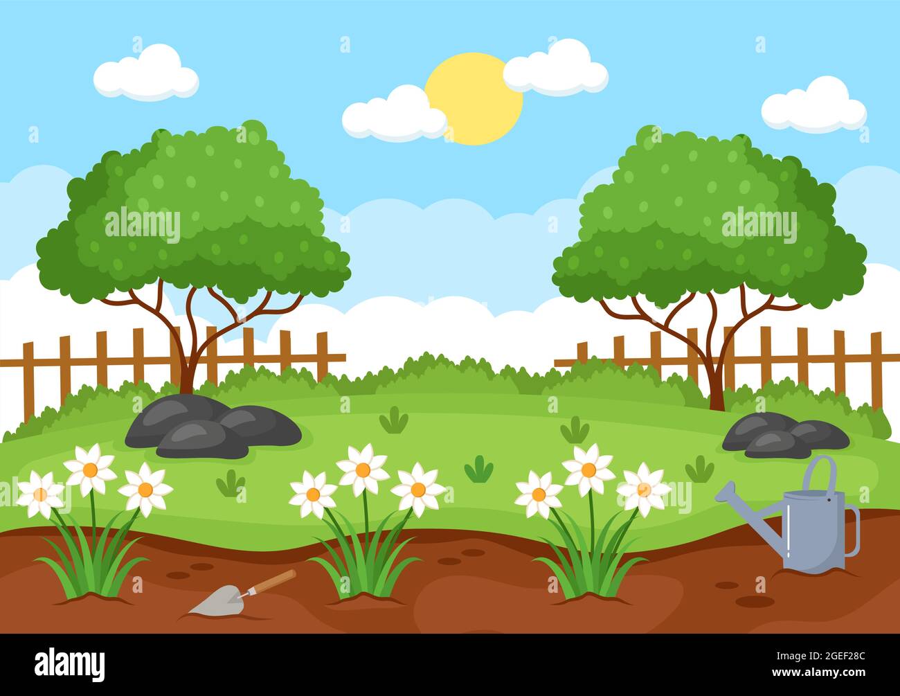 Farm Gardener Background Vector Illustration With A Landscape Of Gardens,  Flowers, Vegetables Planted, Wheelbarrow, Shovel And Equipment in Design  Stock Vector Image & Art - Alamy