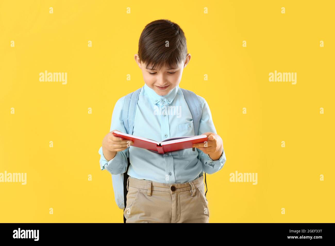 Little schoolboy reading book on color background Stock Photo - Alamy
