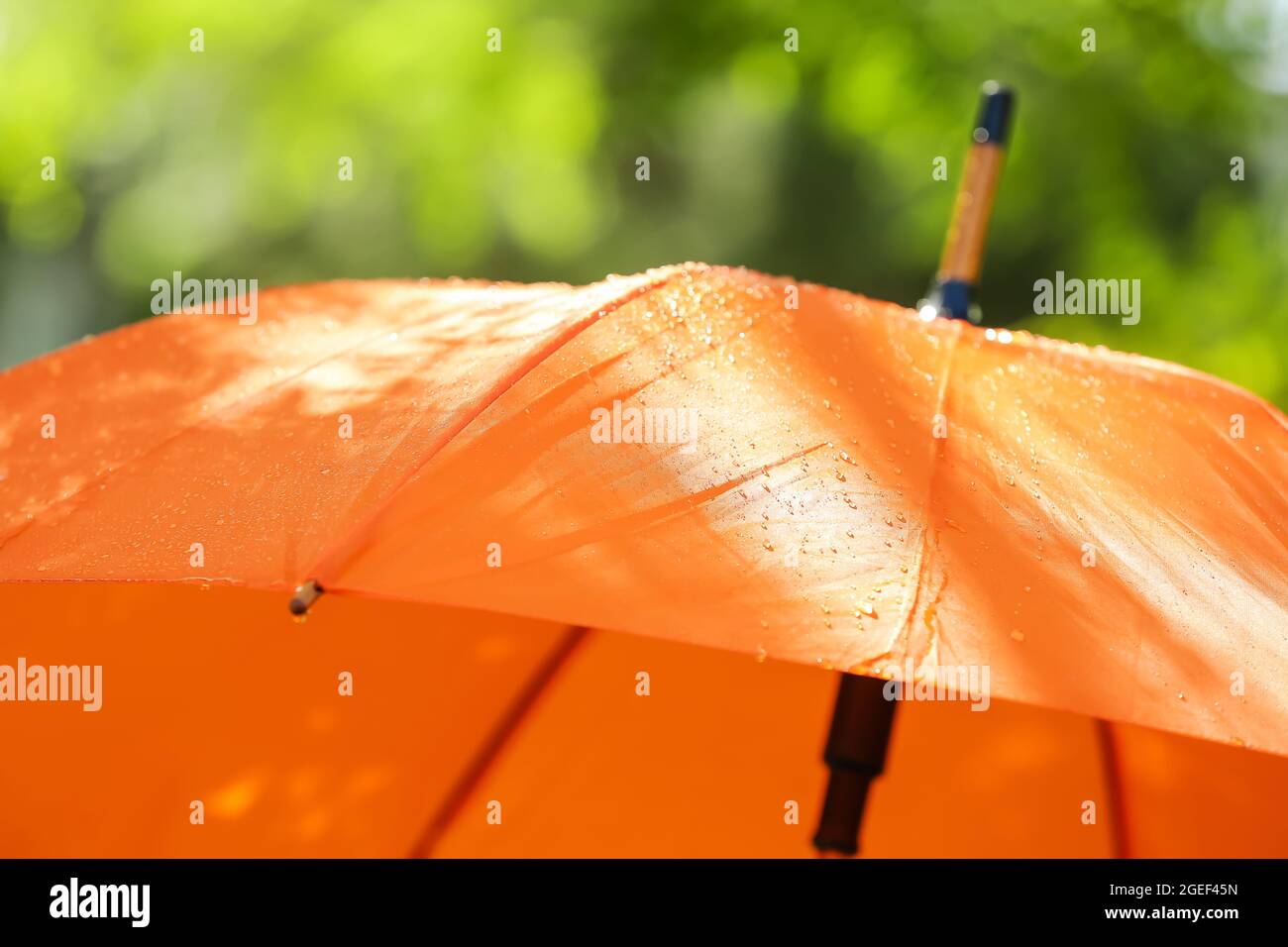 Open umbrella with rain drops outdoors Stock Photo Alamy