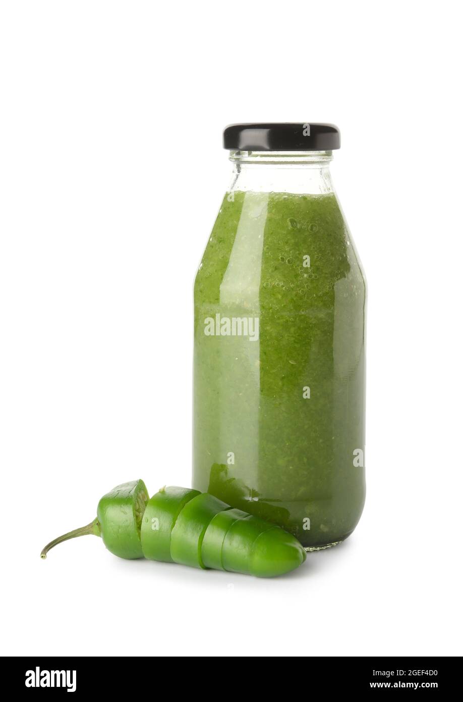 Bottle of Tomatillo Salsa Verde sauce on white background Stock Photo