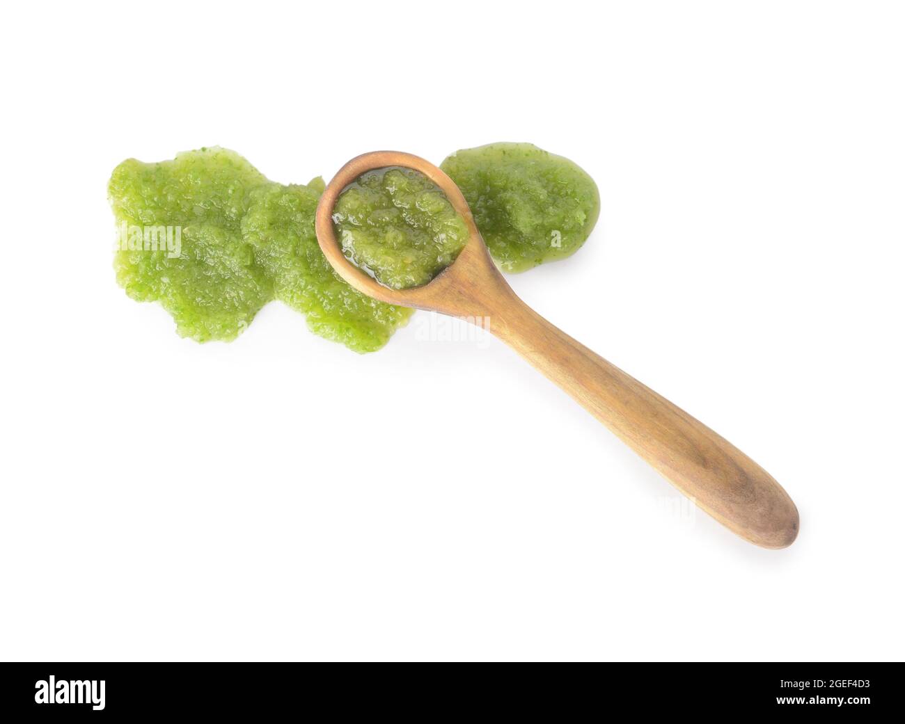 Spoon with Tomatillo Salsa Verde sauce on white background Stock Photo
