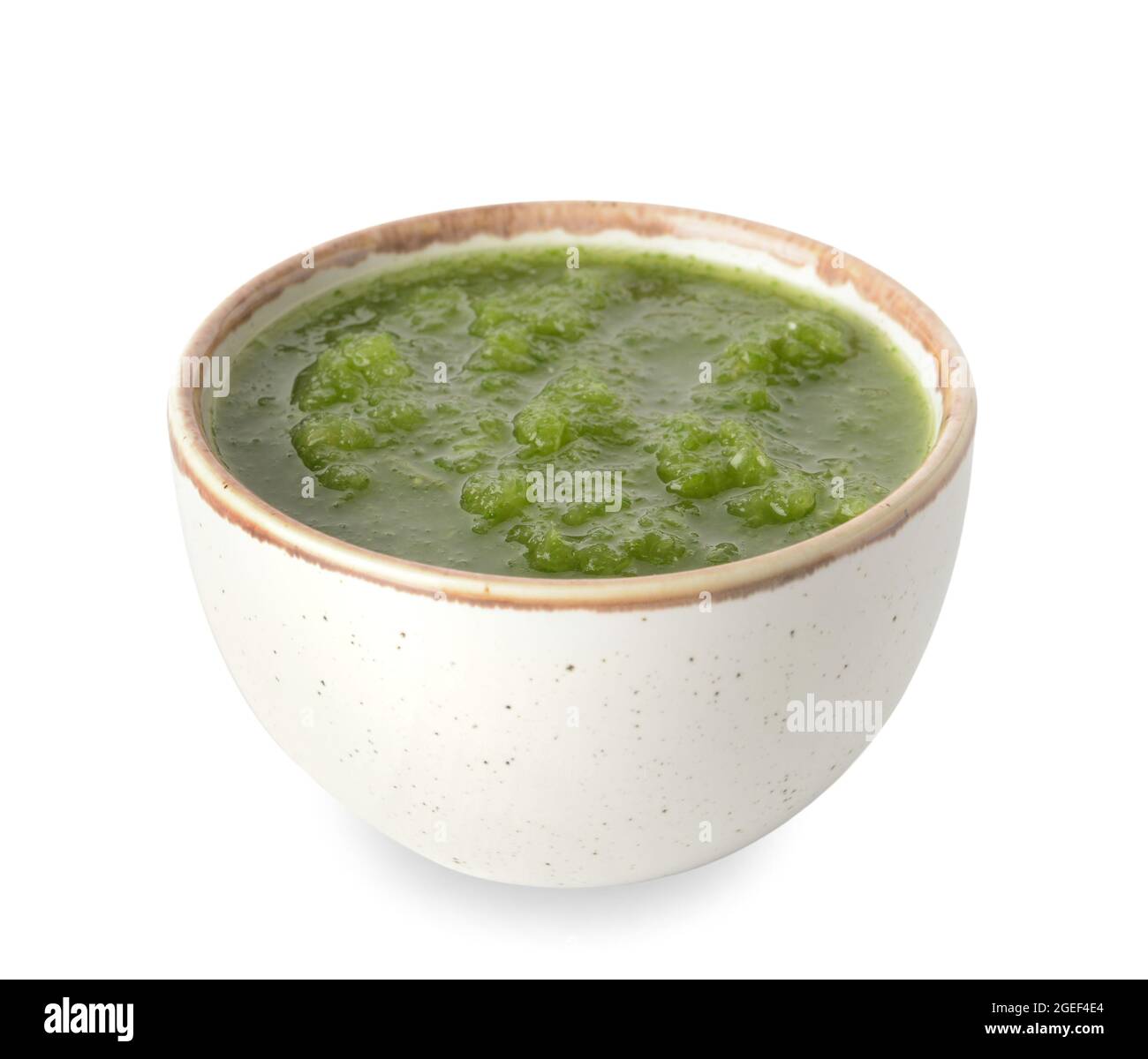 Bowl of Tomatillo Salsa Verde sauce on white background Stock Photo